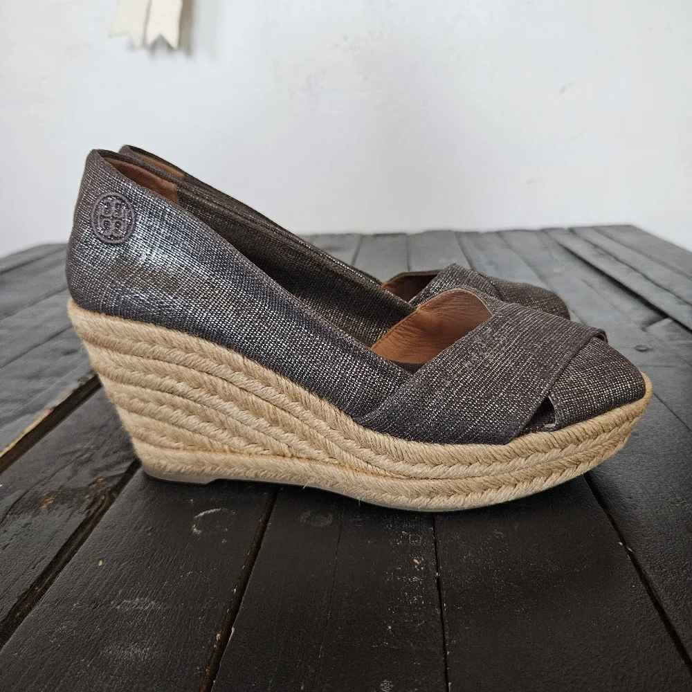 Tory Burch Shimmering Charcoal Grey Espadrille Wedges Peep Toe Heels Women's 7.5